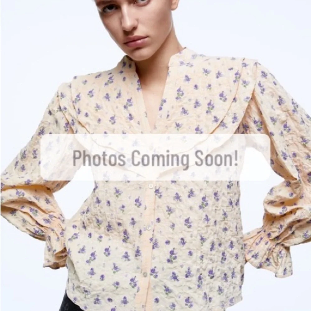 Zara Floral Textured Long Sleeve Top Bib Collar Blouse